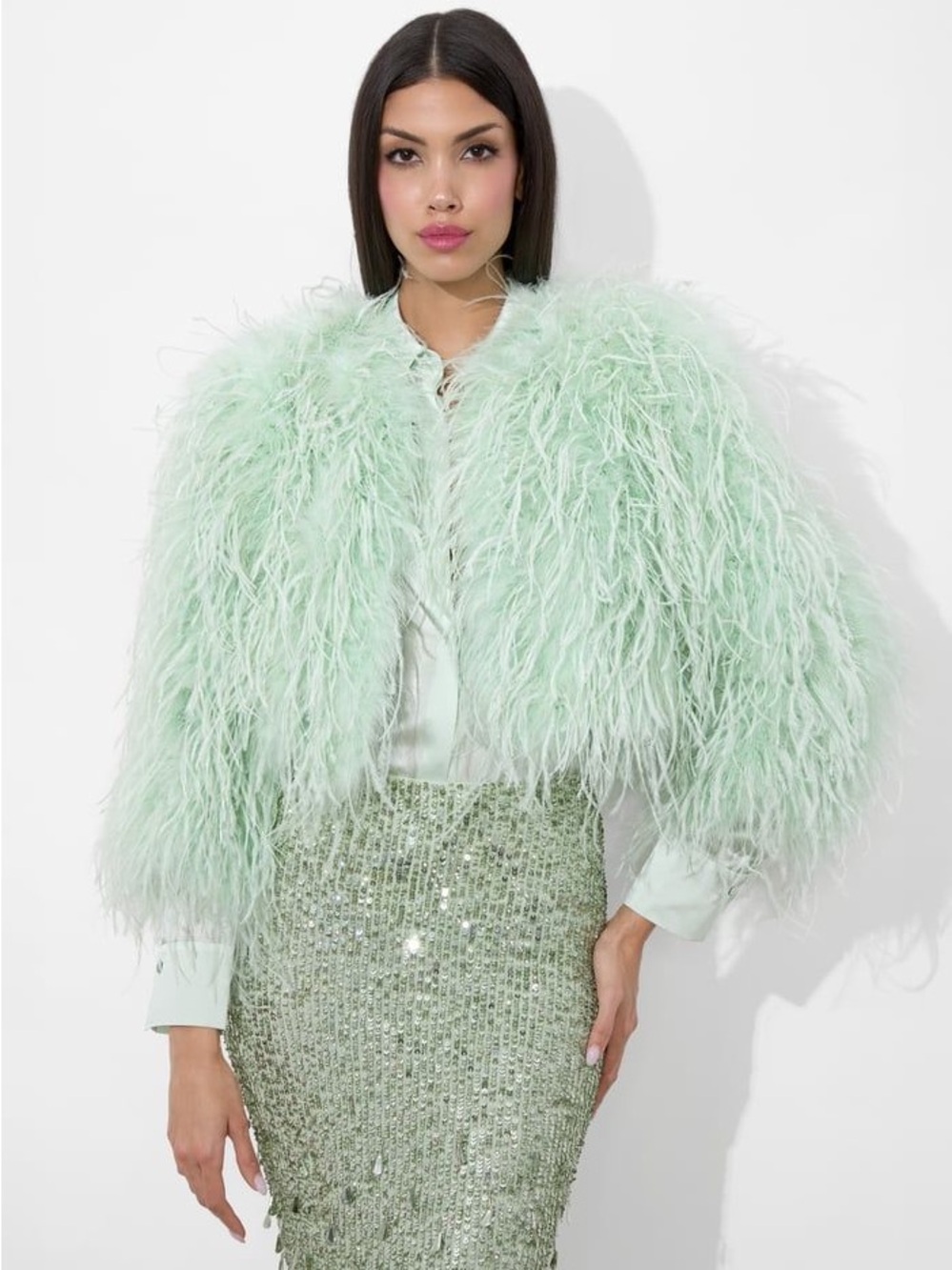Alice + Olivia KIDMAN FEATHERED JACKET SIZE L LIGTH GREEN Feather Crop Top